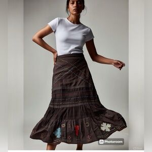 NEW RAGA | ANTHROPOLOGIE BROWN CORDUROY EMBROIDERED FLORAL MIDI SKIRT